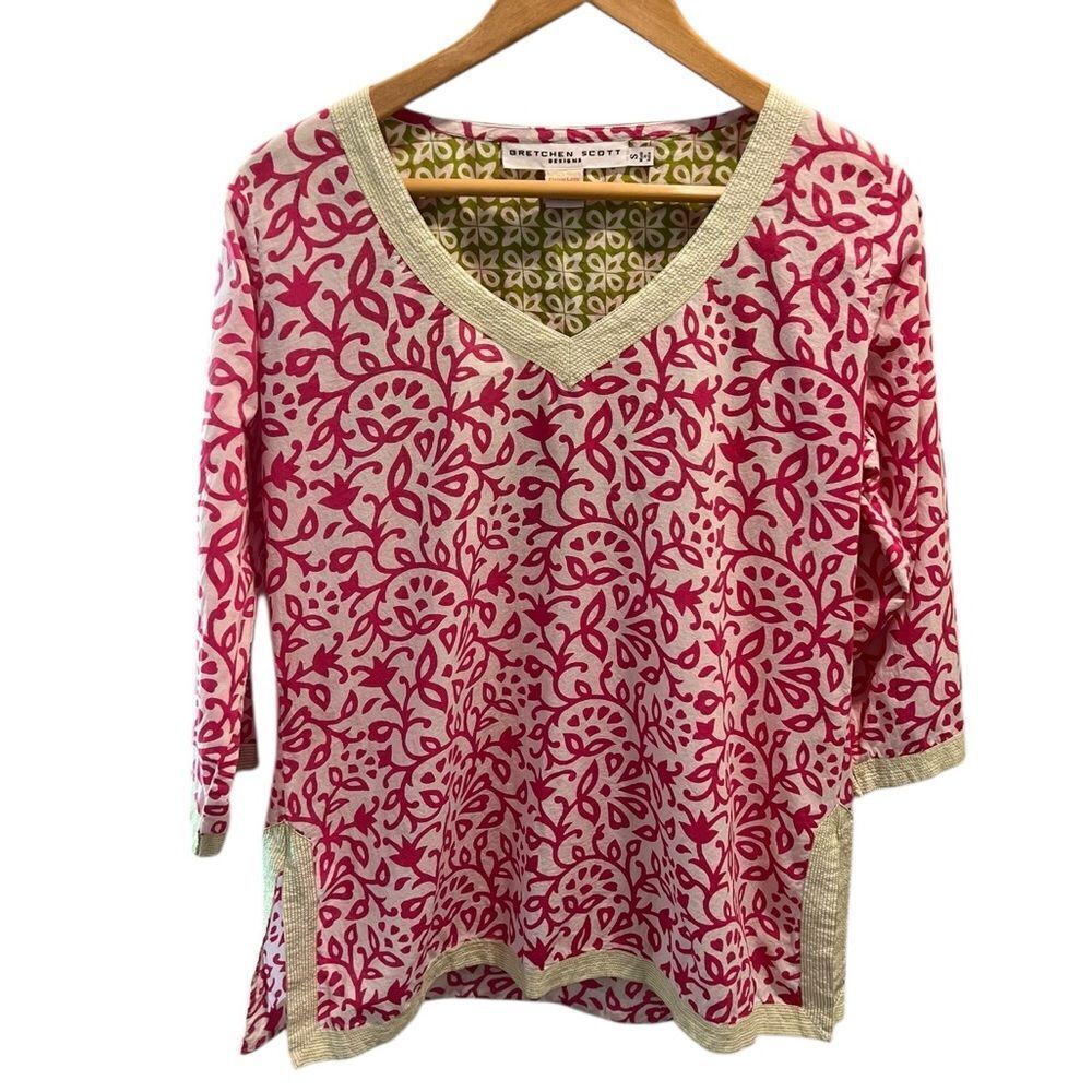 Gretchen Scott Designs Pink Floral V-Neck Tunic Top | 3/4 Sleeve | Cotton Small